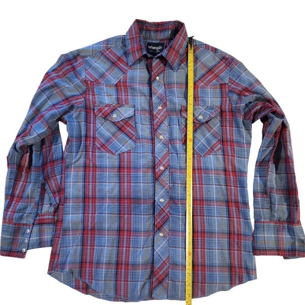 Wrangler Mens (Med) Blue Red Plaid Long Sleeve Pearl Snap Western Workwear Shirt